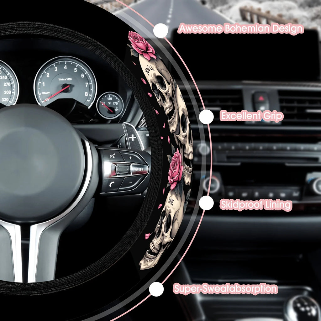 Skull Rose Elastic Car Steering Wheel Cover – 15" Universal Steering Wheel Cover HIP