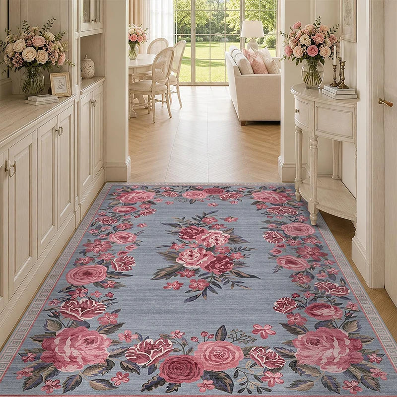 Retro Floral Rose Area Rug – Non-Slip & Machine Washable Floral Area Rug HIP