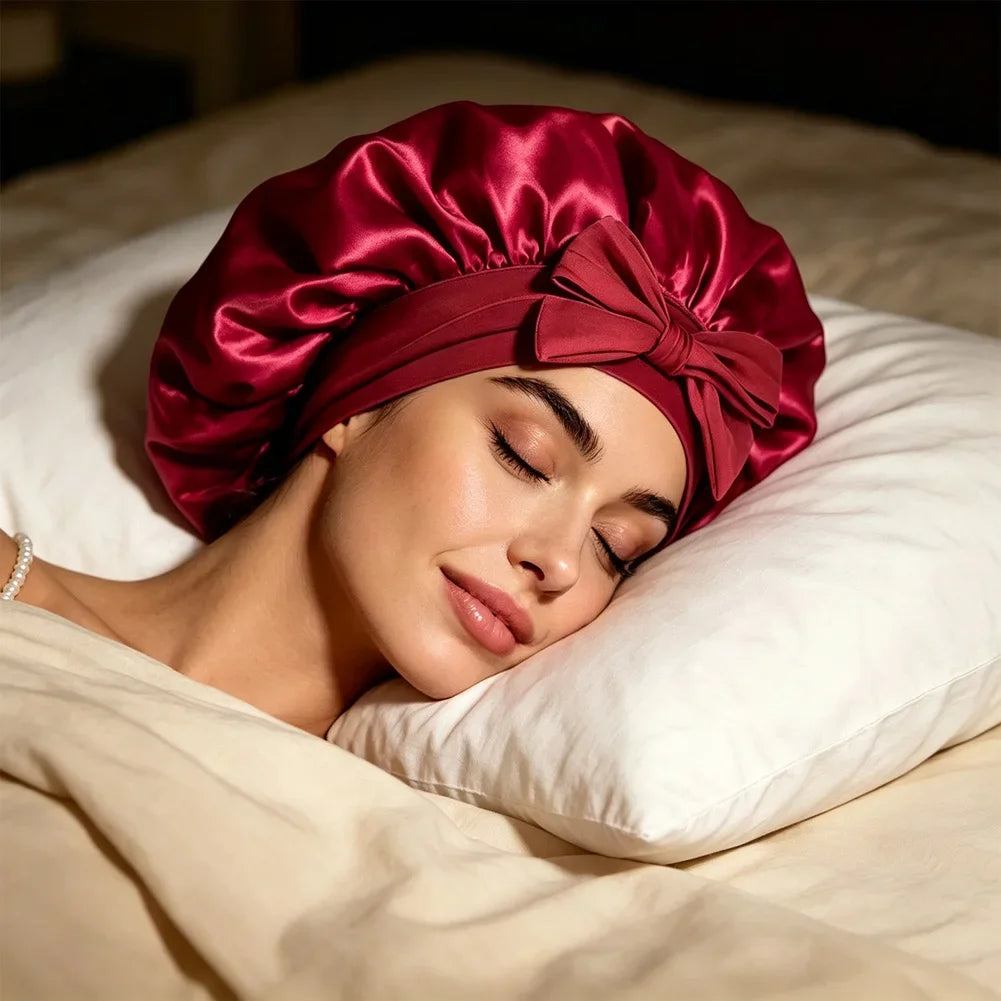 Universal Bathing Hair Head Cover Reusable Wide Brim Hair Protection Hat with Stretchy Tie Band Satin Sleeping Bonnet Shower Cap HIP