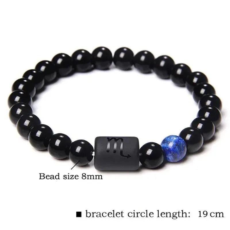 12 Constellation Zodiac Signs Beads Couples Bracelet Natural Black Onyx Stone Elastic Charm Bracelet for Women Men Birthday Gift HIP