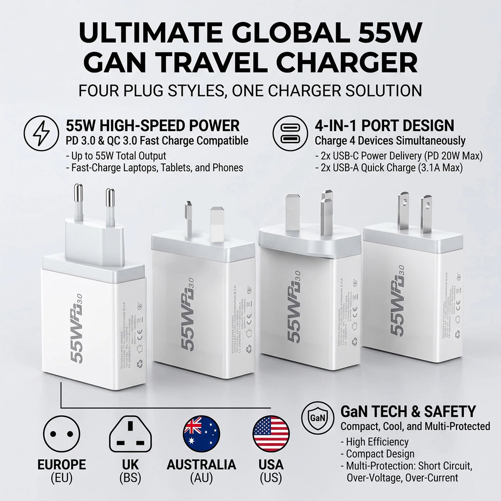 55W 4-Port USB-C Fast Wall Charger – AU/EU/US/UK Plug Multi-Port Wall Charger HIP