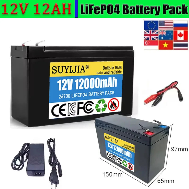 12V 12Ah LiFePO4 Battery Pack – 30A BMS & 3A Charger Lithium Battery Pack HIP