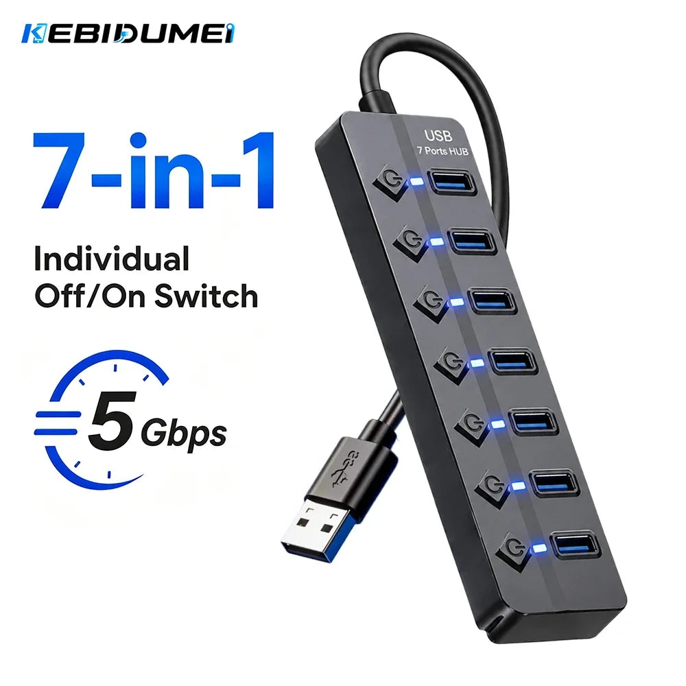 KEBIDUMEI USB 3.0 Hub 4 & 7 Port – Individual On/Off Switches USB Hub HIP