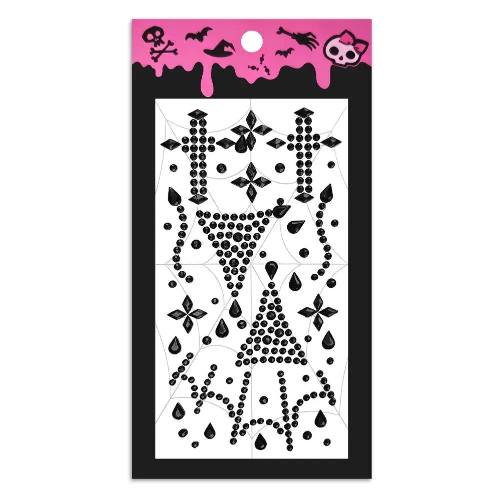 Self‑Adhesive Face Rhinestone Stickers Horror Cosplay Ornament Creative Halloween Red Black Spider Web Cross Scar Gem Decals HIP B Black