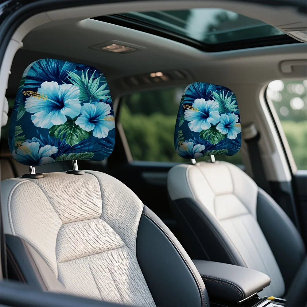 2-Pack Tropical Hibiscus Car Headrest Covers – Blue Floral Car Headrest Covers HIP