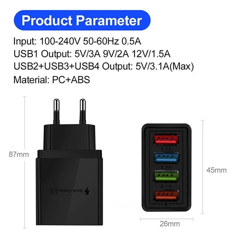 OLPAY 4-Port USB Wall Charger 45W – Quick Charge 3.0 EU/US USB Wall Charger HIP