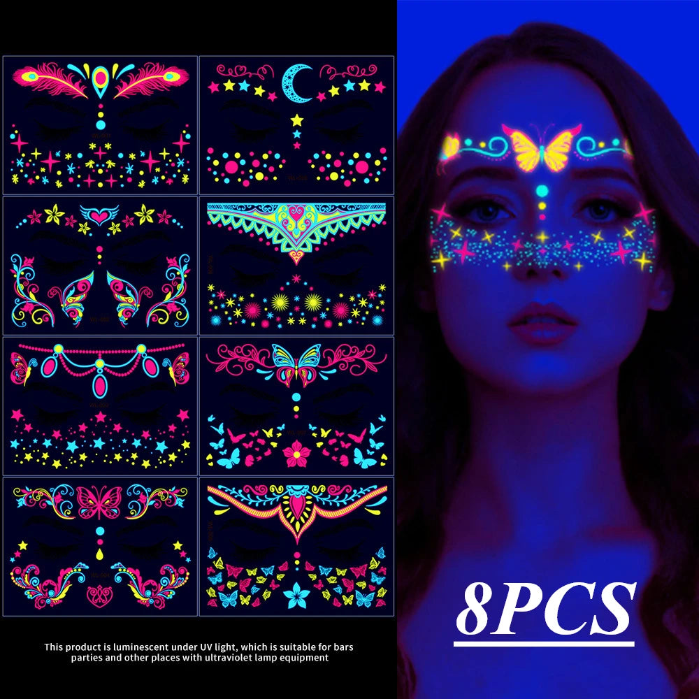 12/24pcs Luminous Temporary Tattoos Stickers UV Neon Fluorescent Glow in the Dark For Body Face Tattoo Stickers Party Accessorie HIP 8PCS A