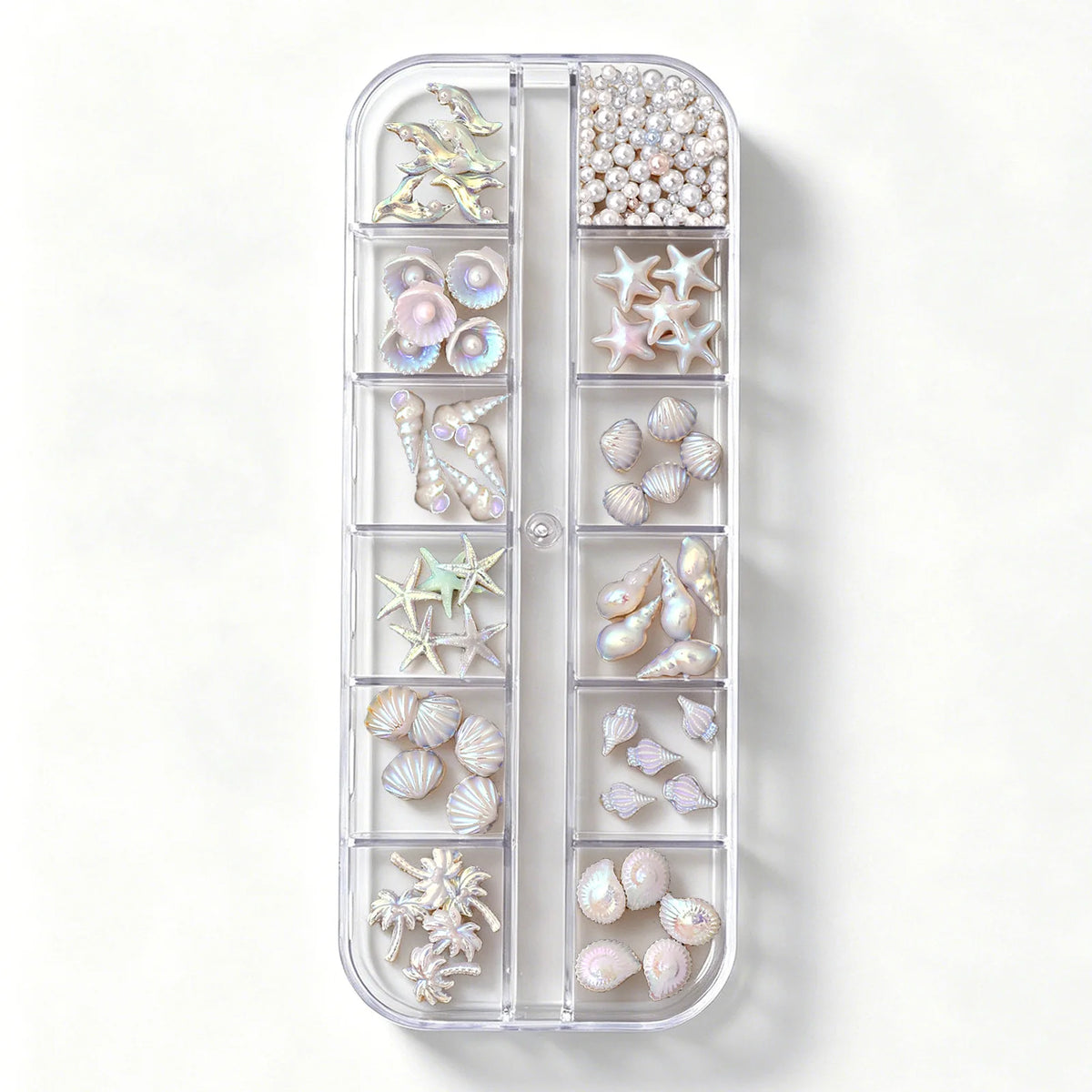 12 Grids Aurora White Blue Starfish Shell Conch Coconut Tree Pearl Nail Rhinestones Decorations Manicure Ocean Life Charms HIP