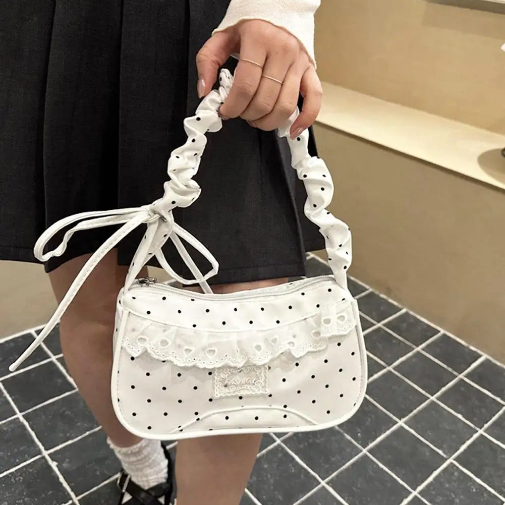 Lace Polka Dot Shoulder Bag Stretchable Strap Large Capacity Pleated Underarm Bag Polyester Multi-Color French Stick Handbag HIP