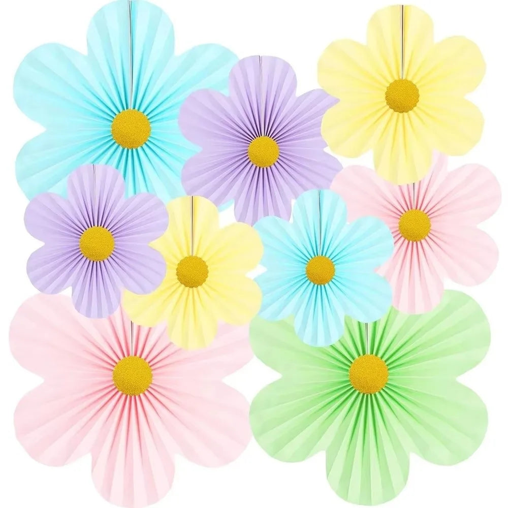 9-Piece Pink Paper Fan Flowers & Pom Poms Backdrop Set Party Backdrop Decor HIP