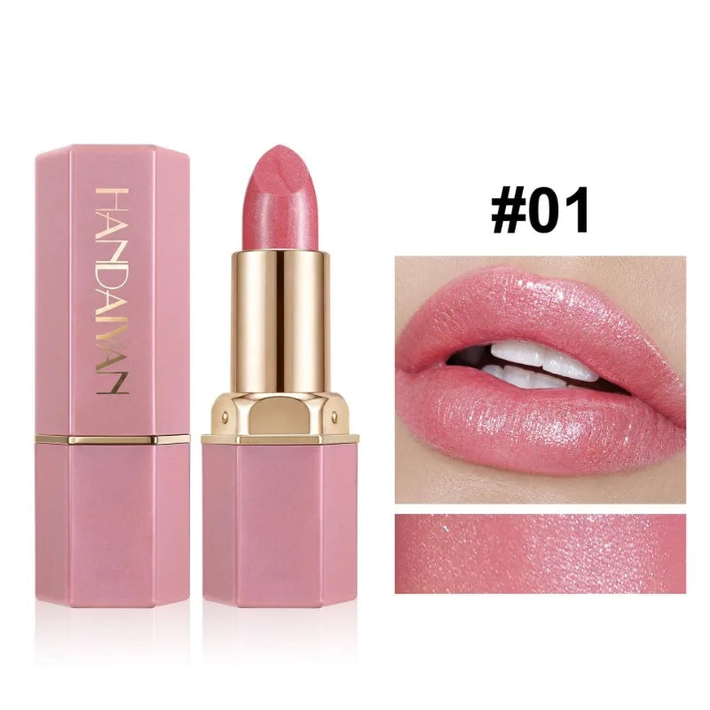 Pearlescent Glitter Lipstick Hexagonal Gold‑plated Tube Design Moisturizing Shiny Lip Stick Long Wear Non‑dry Women Lips Makeup HIP 01