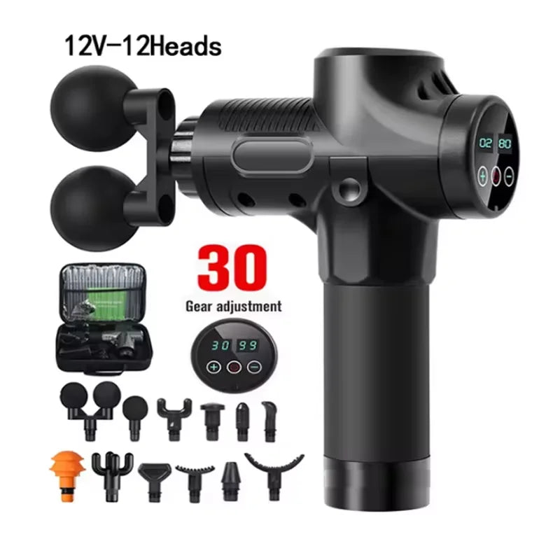 PAQIN 30-Level Percussion Massage Gun – Quiet, 6–12 Heads Percussion Massage Gun HIP MA-016 Black Type C Charge