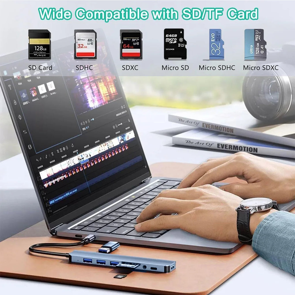 8 In 2 USB C Hub Expander Multiport Adapter Type C Splitter Dock USB 3.0 For Xiaomi Phone Tablet Fast Data Transfer Charging HUB HIP