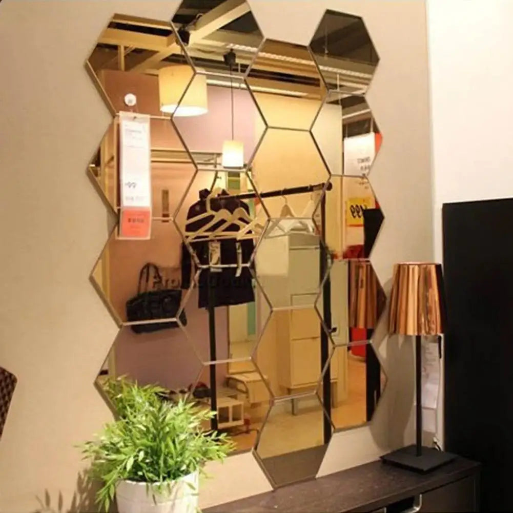 12Pcs Acrylic Hexagonal Mirror Wall Stickers 3D DIY Self-adhesive Decorative Wall Stickers Mirror Art Wall Decor Home Decoration HIP