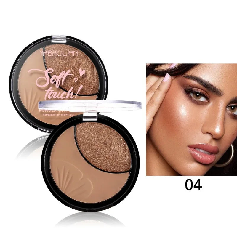 All-in-One Face Powder Highlighter 2 in 1 Setting Powder Luminous Glow Palette Waterproof Longwear Buildable Coverage Gym Travel HIP 04