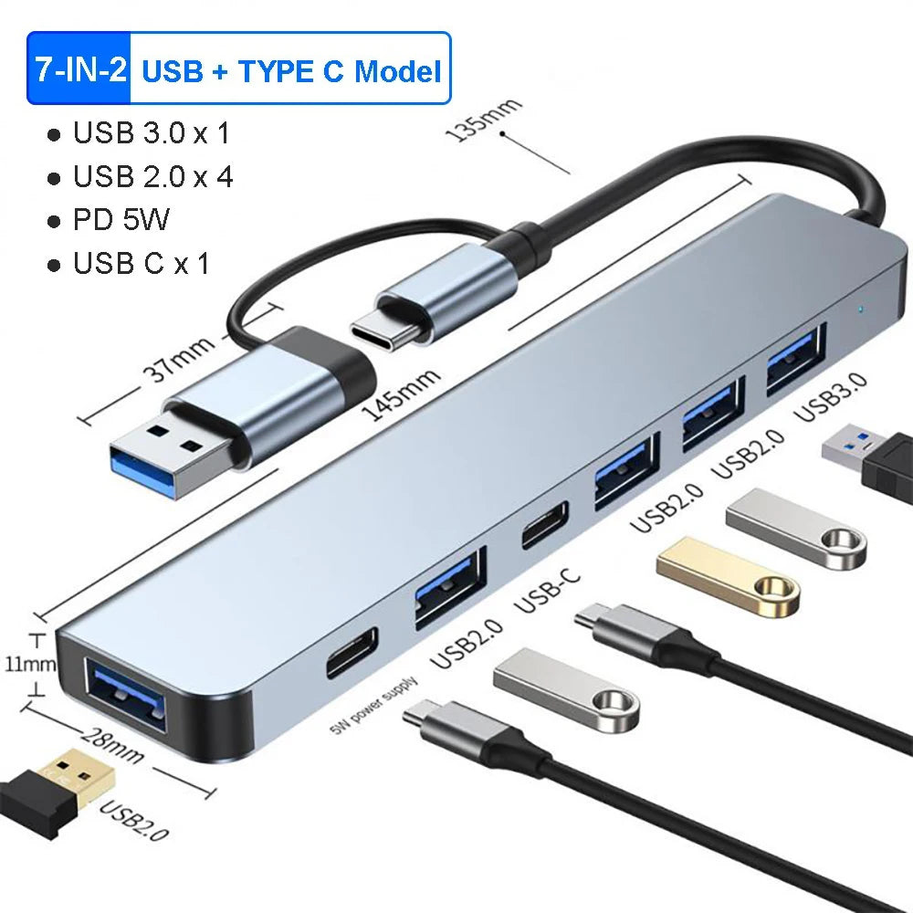 USB-C Hub 5Gbps | 4-in-1 to 7-in-1 Docking Station for Laptop USB-C Docking Hub HIP 7-IN-2