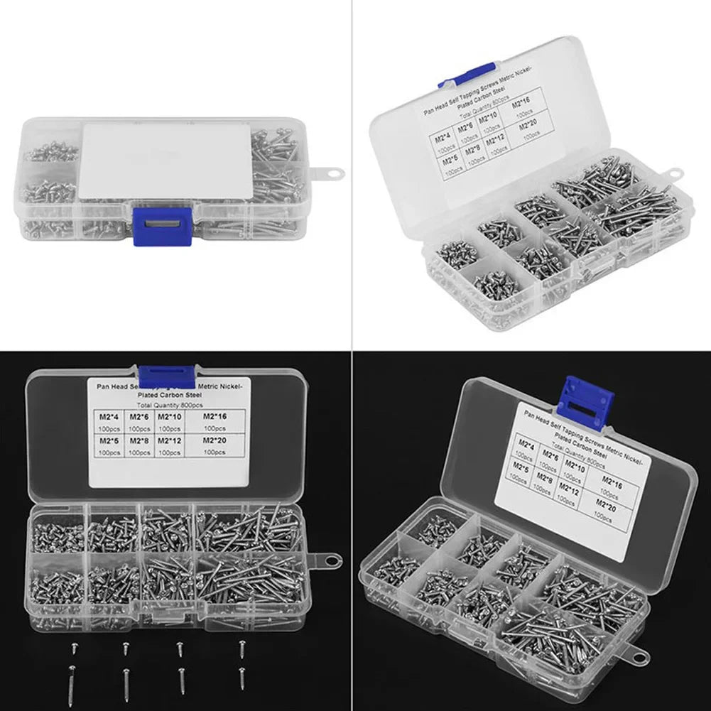 800PCS M2 Self Tapping Cross Screw Combination Kit Carbon Steel Countersunk Head Screws for Metal Plastic Wood DIY HIP