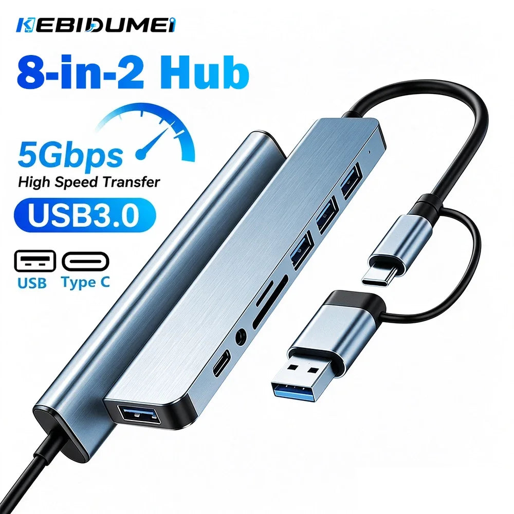 KEBIDUMEI 8-in-2 USB-C Hub – 5Gbps, SD/TF, Audio & PD USB Multiport Hub HIP