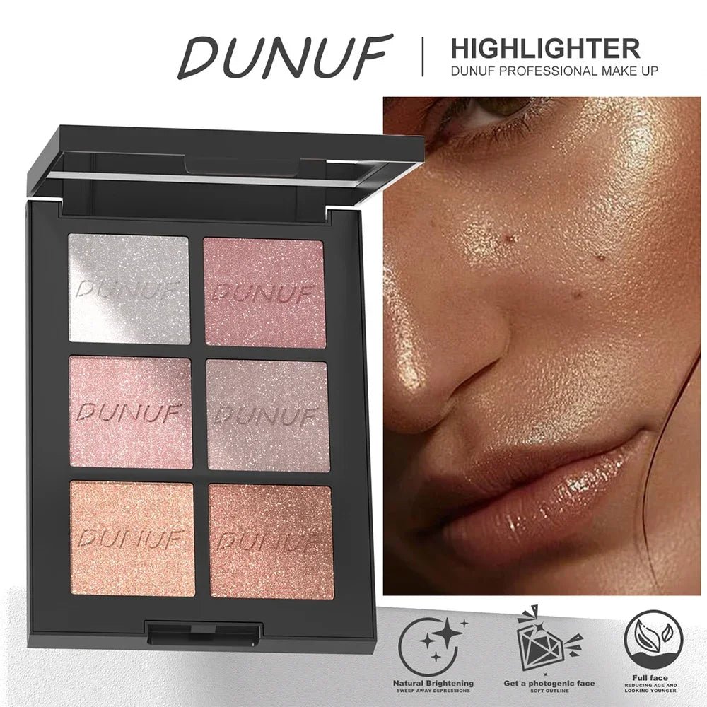 DUNUF 6-Color Highlighter Palette – Matte & Pearl Contour Highlighter Palette HIP