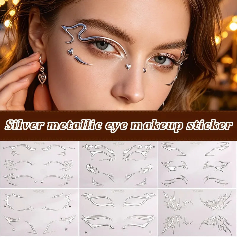 Silver Cosplay Eyelashes Eye Wing Tattoo Eyeliner Sticker Metal Facial Sticker Self Adhesive Face Decor Moon Star Tattoo Makeup HIP