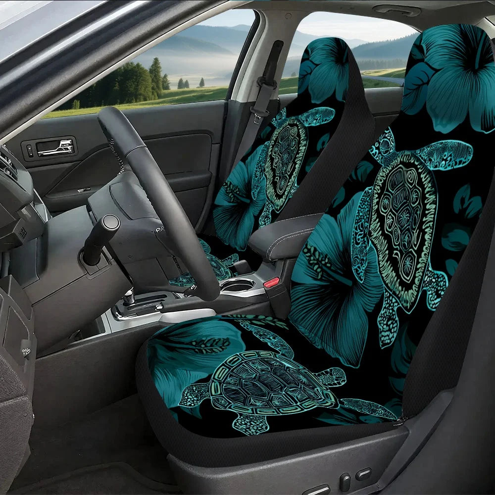 Teal Turtle Hibiscus Car Seat Covers – 2-Piece Front Set Car Seat Covers HIP