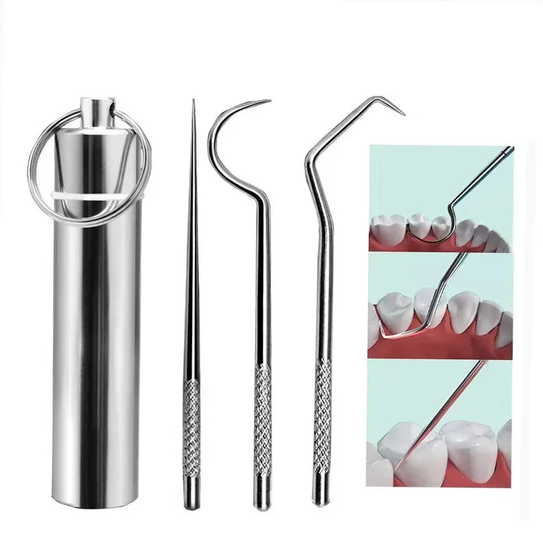 RUZOFO Reusable Metal Toothpick Set with Keychain Holder Dental Floss Pick Set HIP C625-Silver 3pcs