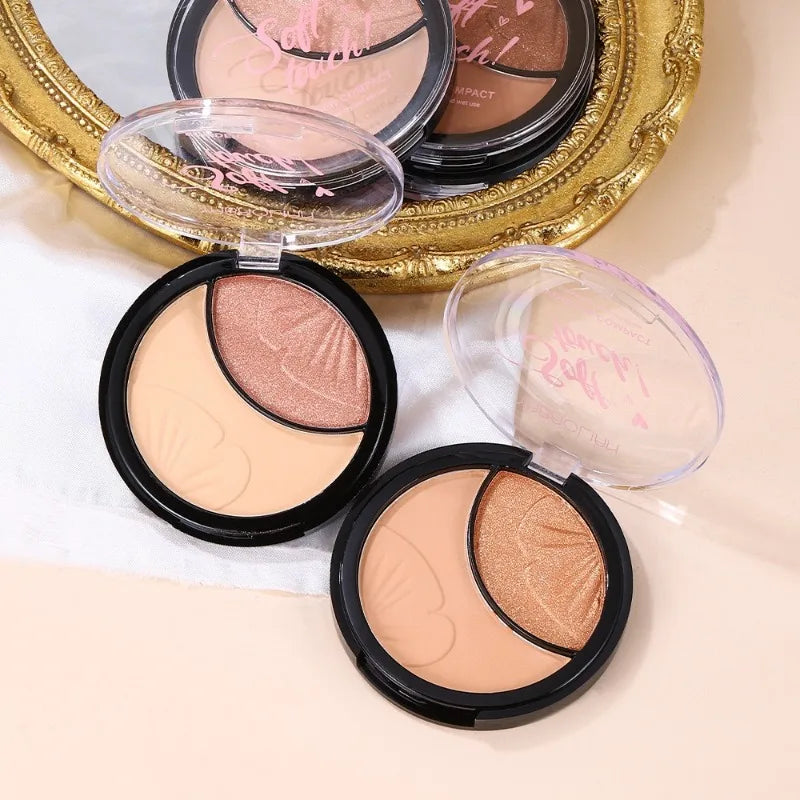 All-in-One Face Powder Highlighter 2 in 1 Setting Powder Luminous Glow Palette Waterproof Longwear Buildable Coverage Gym Travel HIP
