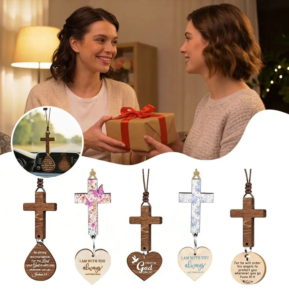 Wood Cross Car Mirror Pendant – Bible Verse Charm Ornament Car Mirror Ornament HIP
