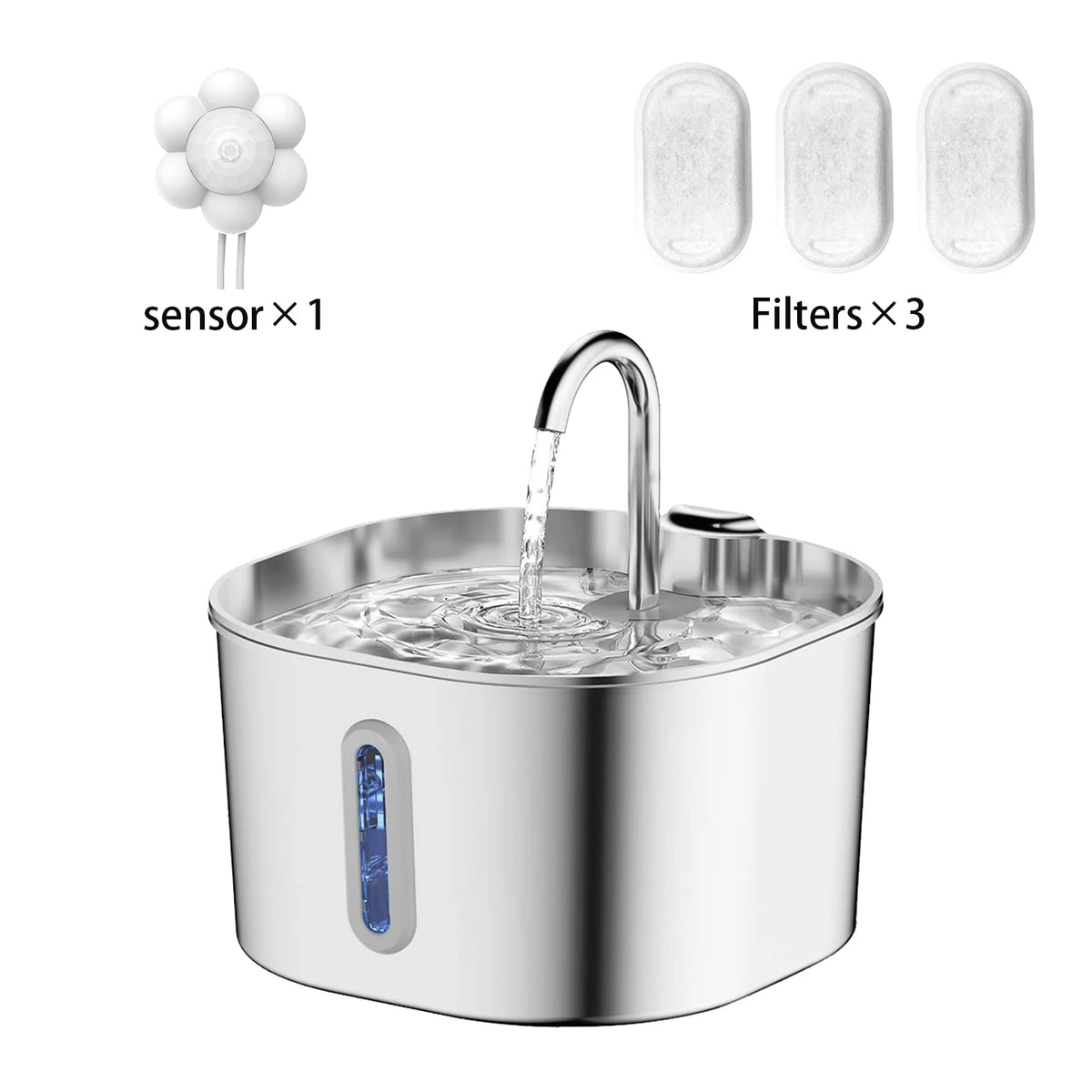 2.2L Stainless Steel Pet Water Fountain, Ultra-Quiet Design, Replaceable Filter, Suitable for Dogs & Cats, Easy to Clean` HIP 1set-3filter-sensor No plug