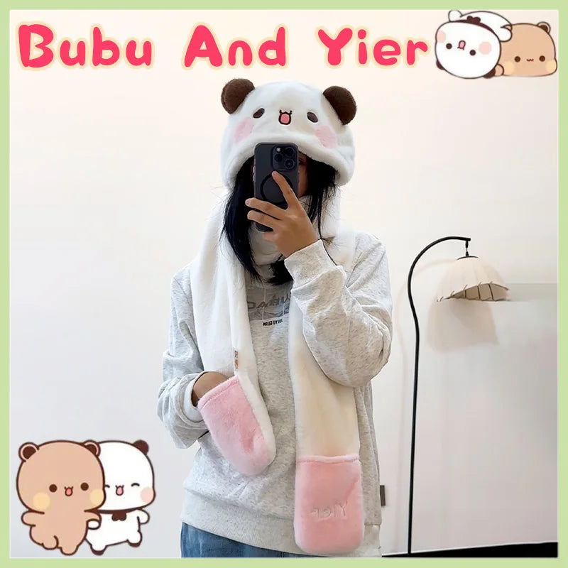 Panda Bubu & Dudu 2-in-1 Hat & Scarf – Warm Cartoon Ear Cap Cartoon Hat Scarf Set HIP