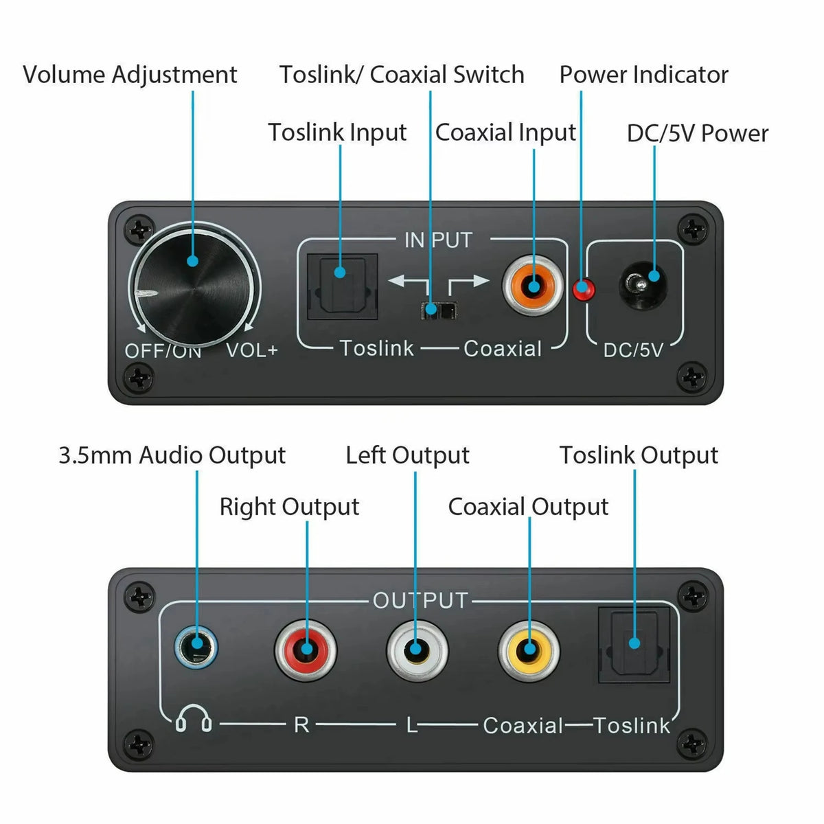 HiFi DAC Amp Digital To Analog Audio Converter RCA 3.5mm Jack Headphone Amplifier with Toslink Optical Coaxial Input Output HIP