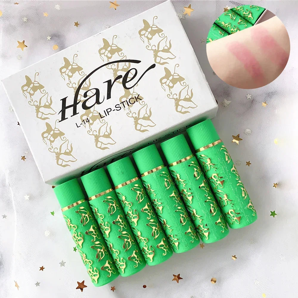 6PCS/BOX Dark Green Magic Spotting Lipgloss Lipstick Long Lasting Lip Liner Butterfly Green Lipstick Cosmetics Makeup Maquiagem HIP 6Pcs Green Color