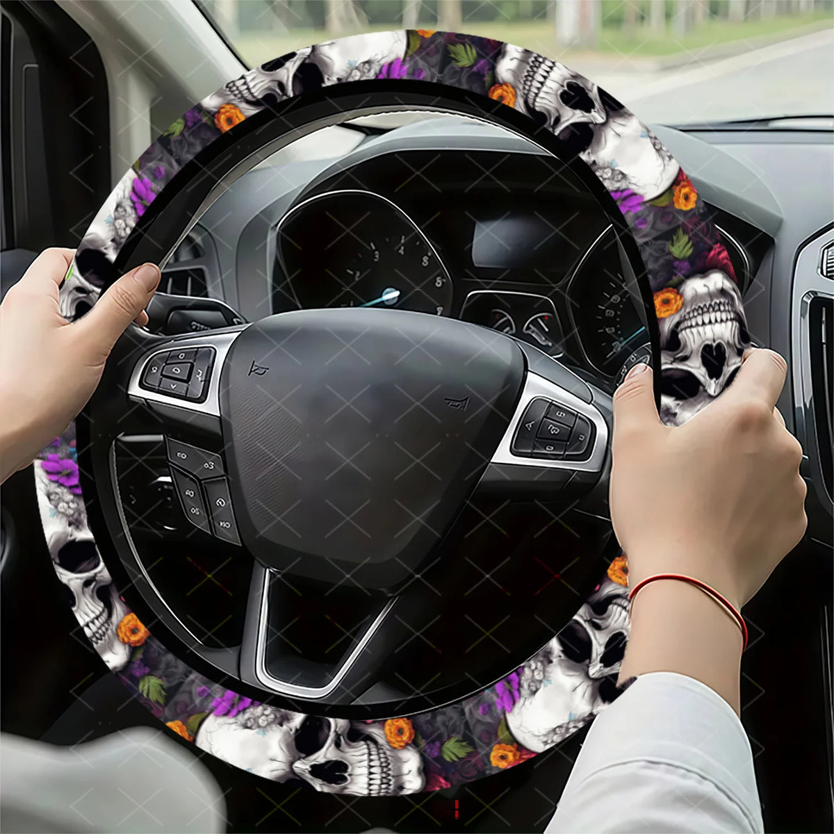 Sugar Skull Flower Steering Wheel Cover – Cars, SUVs & Trucks Steering Wheel Cover HIP