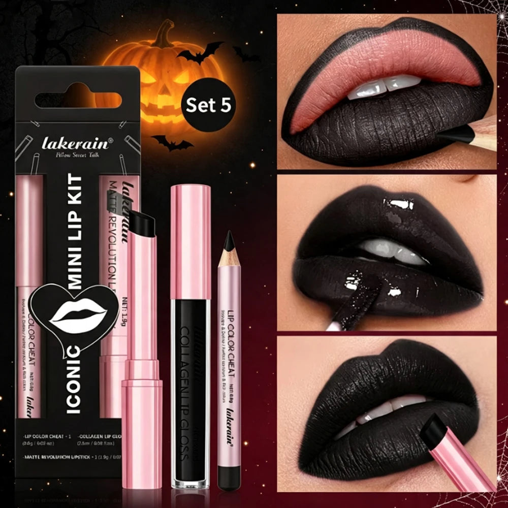 3pcs Halloween Black Lip Set Waterproof Long Lasting Matte Velvet Lip Gloss Lip Liner Black Lip Stain Halloween Goth Makeup HIP