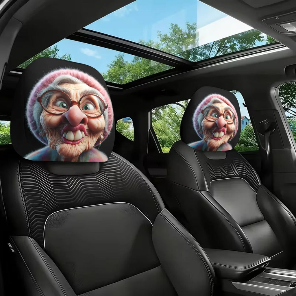 2-Pack Cartoon Grandma Car Headrest Covers | Easy Wash & Fit Car Headrest Cover HIP