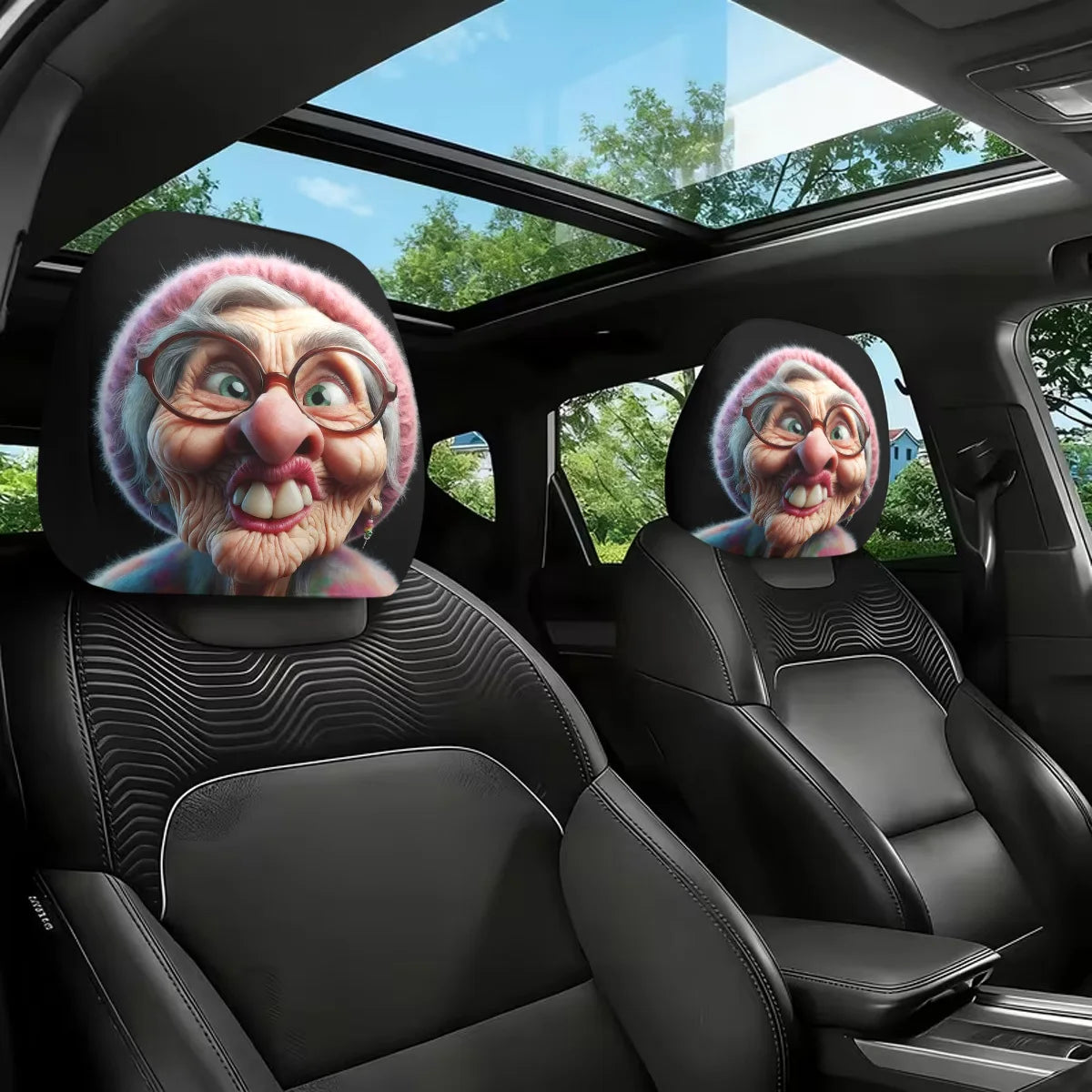 2-Pack Cartoon Grandma Car Headrest Covers | Easy Wash & Fit Car Headrest Cover HIP