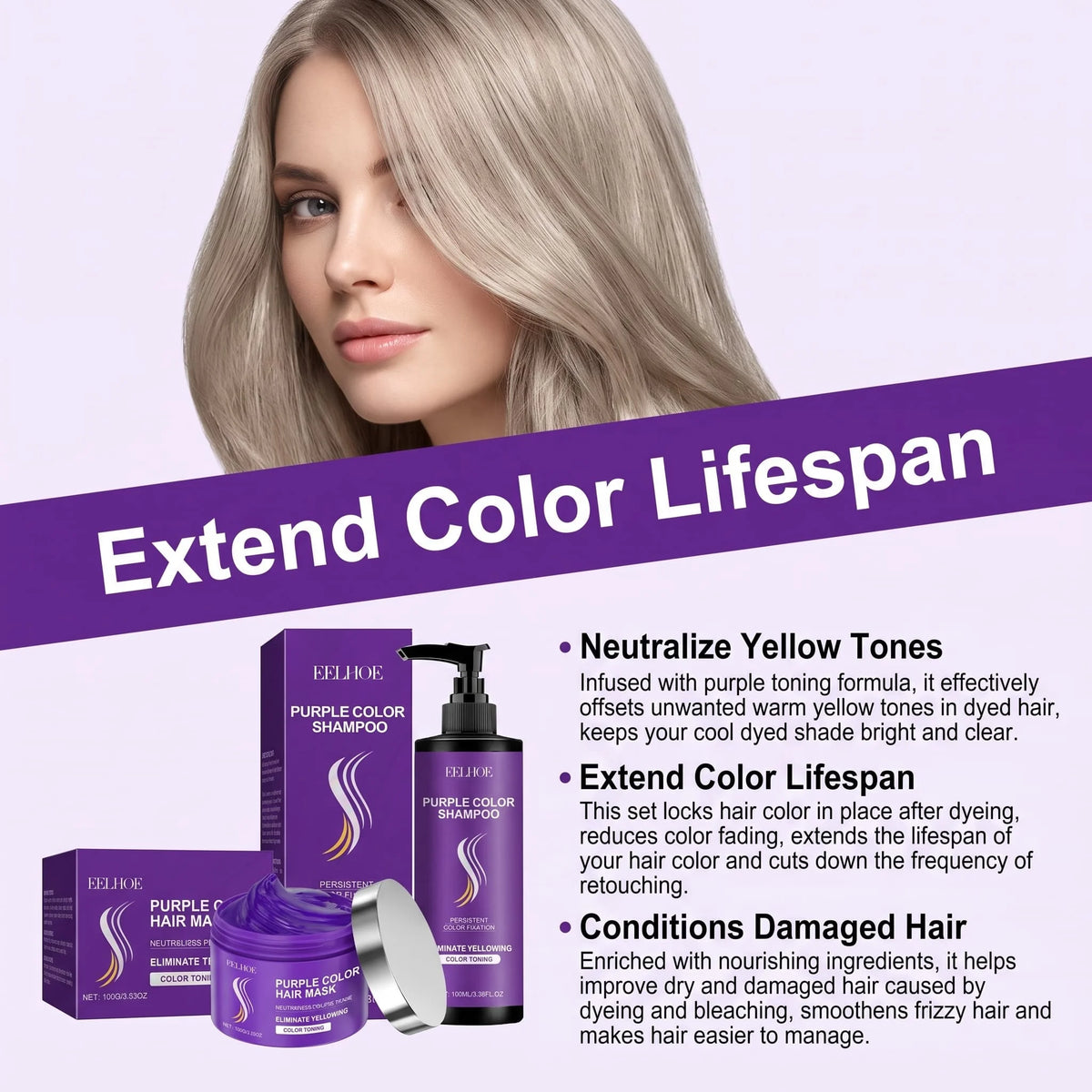 Purple Shampoo & Keratin Hair Mask Set – Color Safe Care Hair Care Bundle HIP
