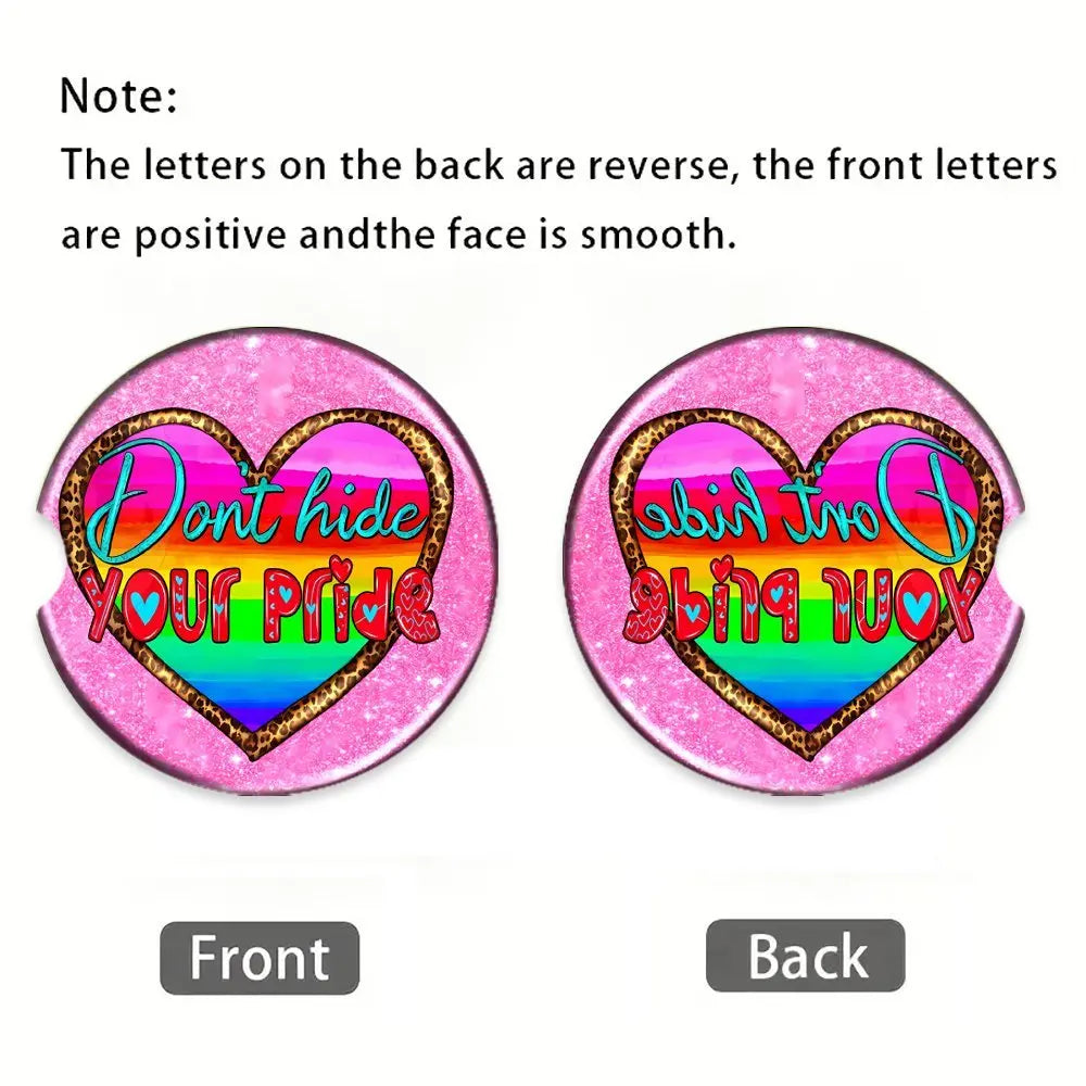 Rainbow Pride Heart Car Coasters – Heat-Resistant Acrylic Set of 2 Car Coaster Set HIP