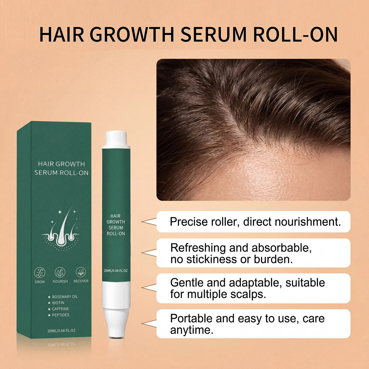 Rosemary Oil Hair Growth Serum Roll-On | Biotin & Caffeine 20ml Hair Growth Serum HIP
