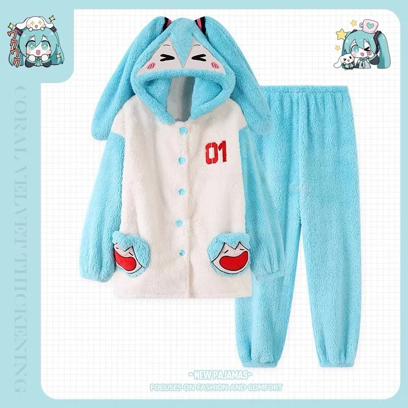 Hatsune Miku Coral Fleece Nightgown & Pants Set – Unisex Anime Sleepwear Set HIP Hatsune Miku M Weight 48-55KG