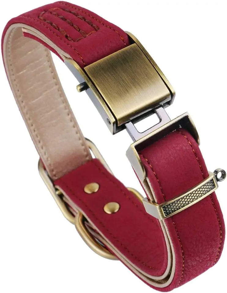 Luxury Padded Leather Dog Collar – Quick-Release Buckle Leather Dog Collar HIP Red L 2.0(35-52cm)