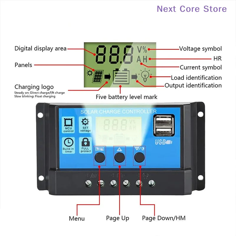 60A Solar Charge Controller 12V 24V 1560W PWM LCD Display Solar Charge Controller HIP