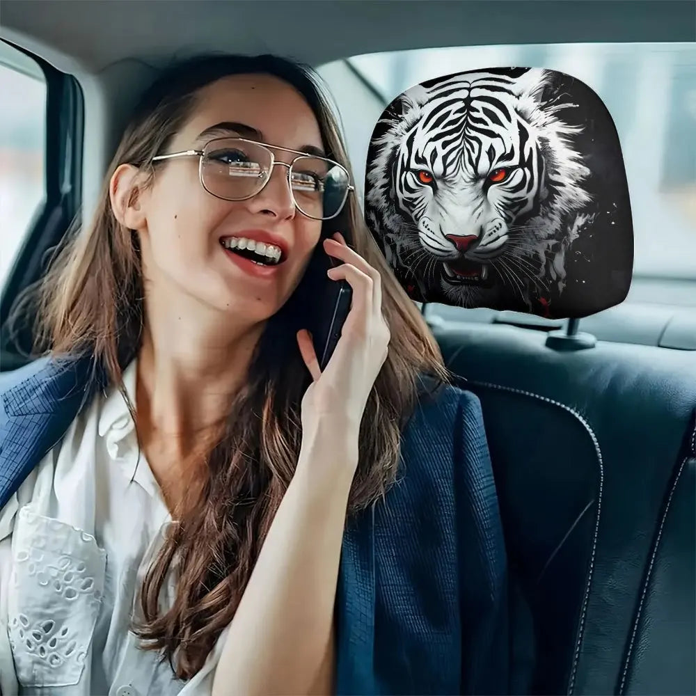 2-Pack White Tiger Print Car Headrest Covers | Easy Fit Car Headrest Cover HIP