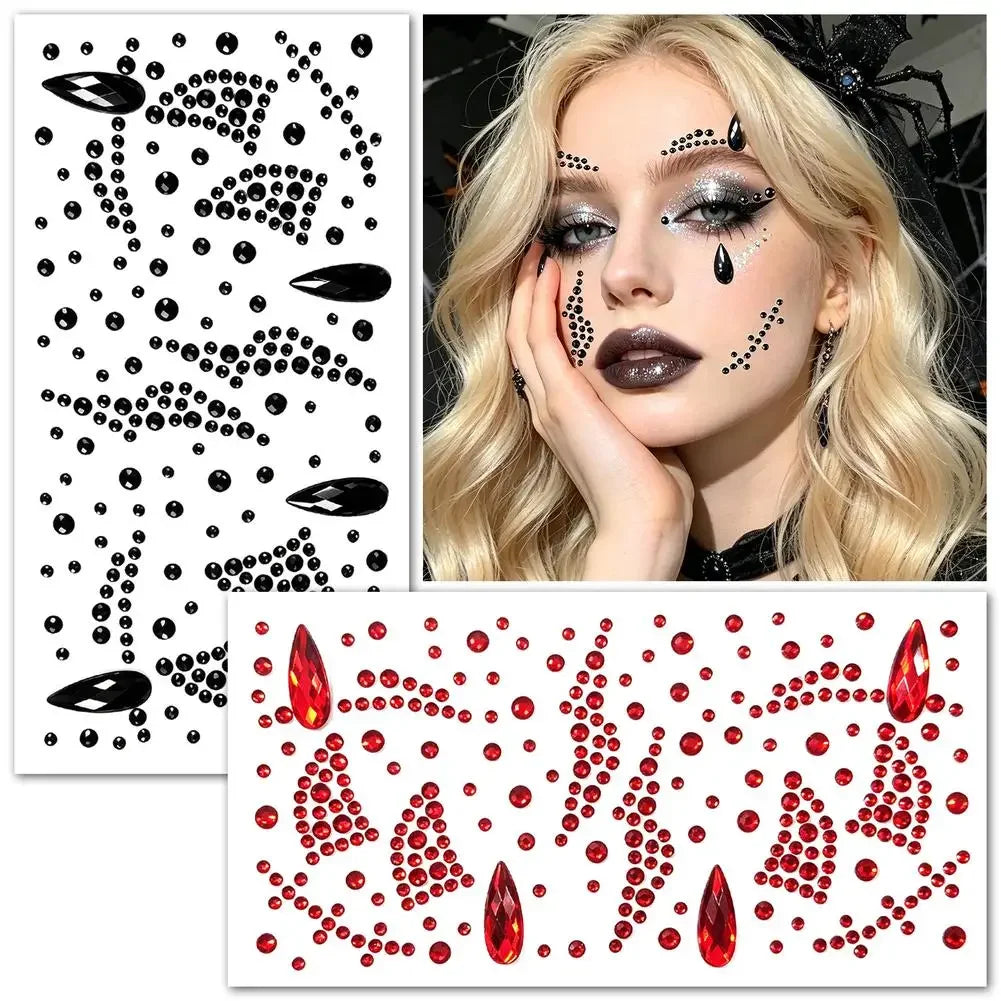 Universal Red Black Bloodstain Face Eye Gem Decals Horror Cosplay Party Decor Stickers Halloween 3D Face Rhinestone Stickers HIP