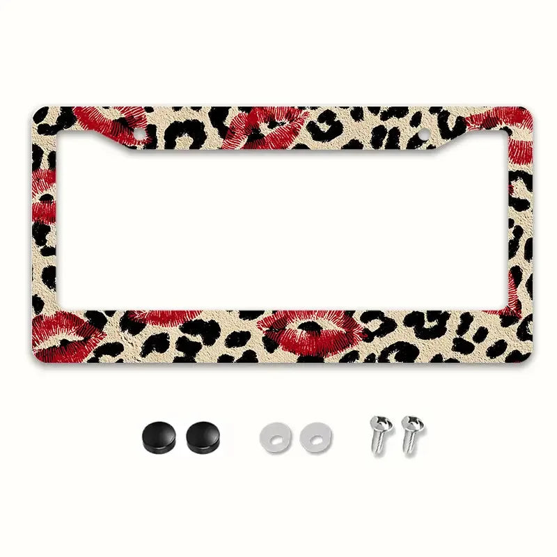 Metal License Plate Frame – Leopard Print & Red Lips Gold Tone License Plate Frame HIP 1