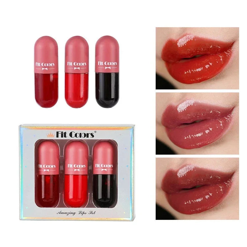 Crystal Jelly Lip Gloss Capsule Lip Plumper Oil Shiny Clear Lips Oil Moisturizing Women LipGloss Balm Makeup Lip Tint Cosmetics HIP Lip Gloss 3Pcs Set