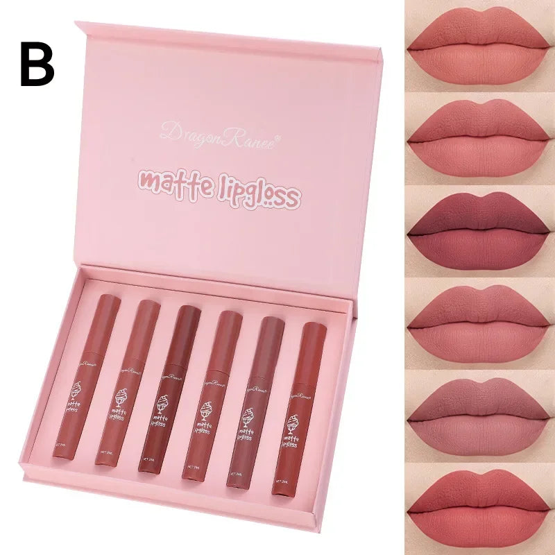6PC/Set Matte Velvet Lip Gloss Waterproof Long-lasting Liquid Lipstick Cosmetic Beauty Keep 24 Hours Non-stick Cup Makeup Gift HIP B-6pcs Set