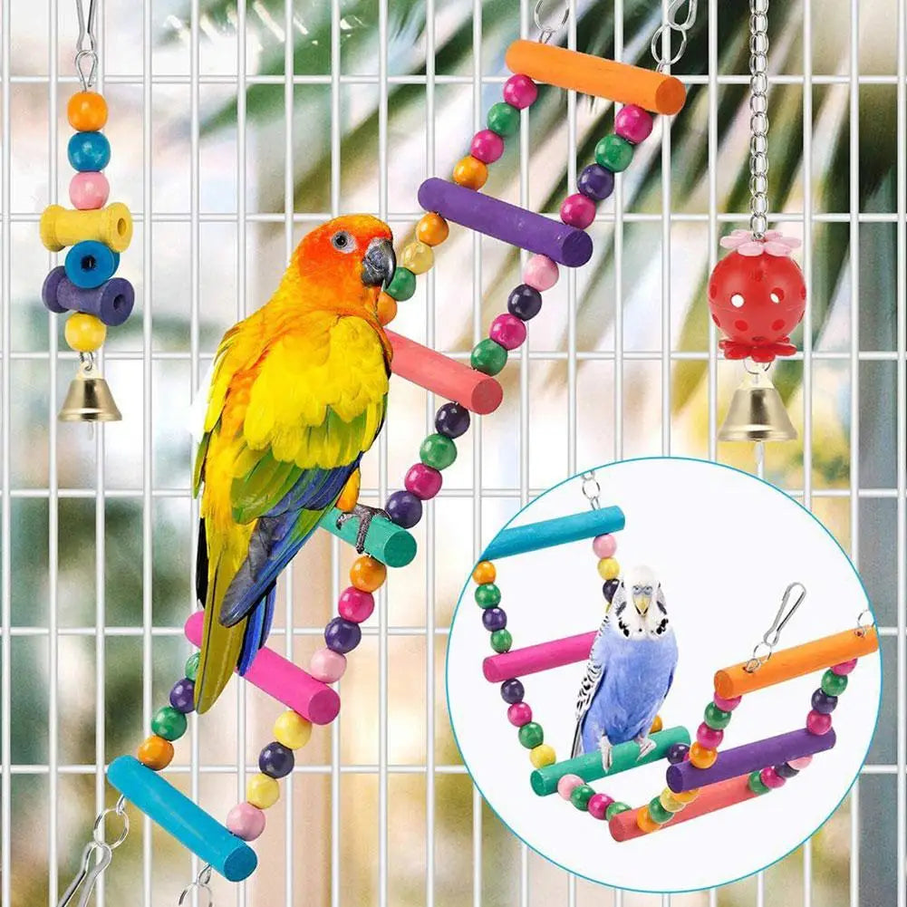 Bird Cage Toys for Parrots Wood Birds Swing Reliable Chewable Bite Bridge Wooden Beads Shape Parrot Toy 7pcs Bird Toys parrot HIP