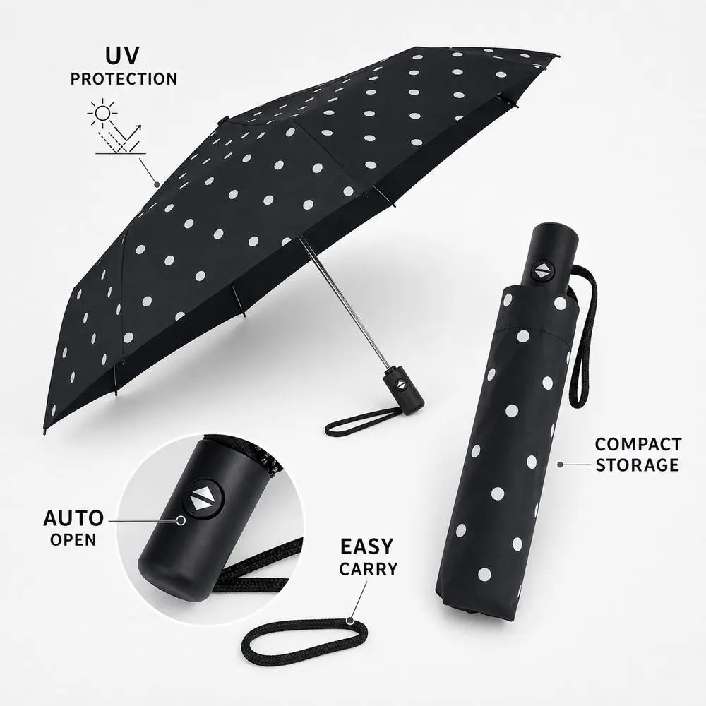 Polka Dot Auto Folding Umbrella – UV Protection & Compact Folding Umbrella HIP