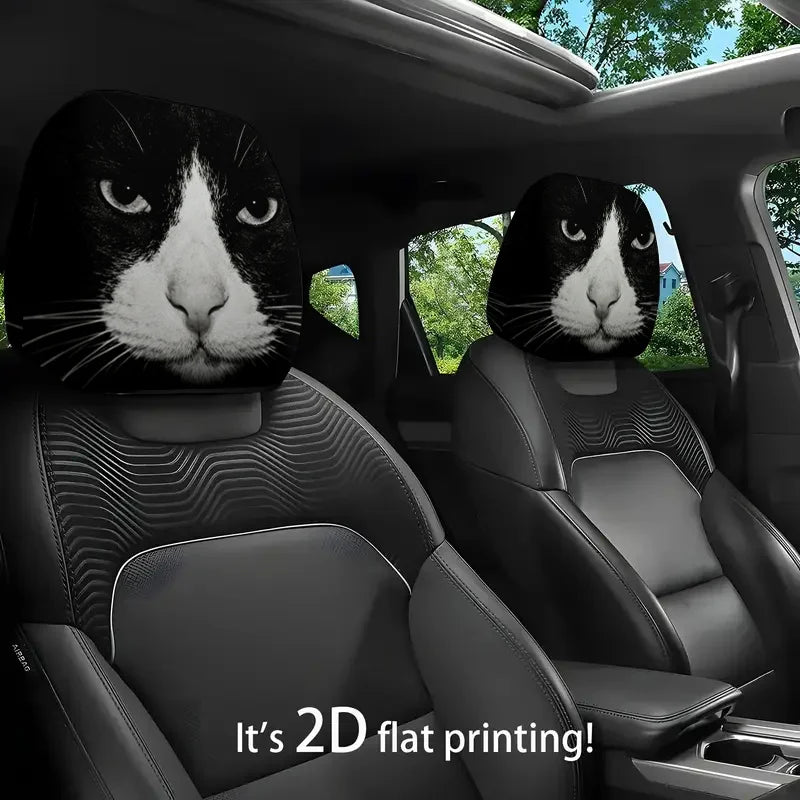 Black & White Cat Print Car Headrest Cover – 2D Flat Car Headrest Cover HIP